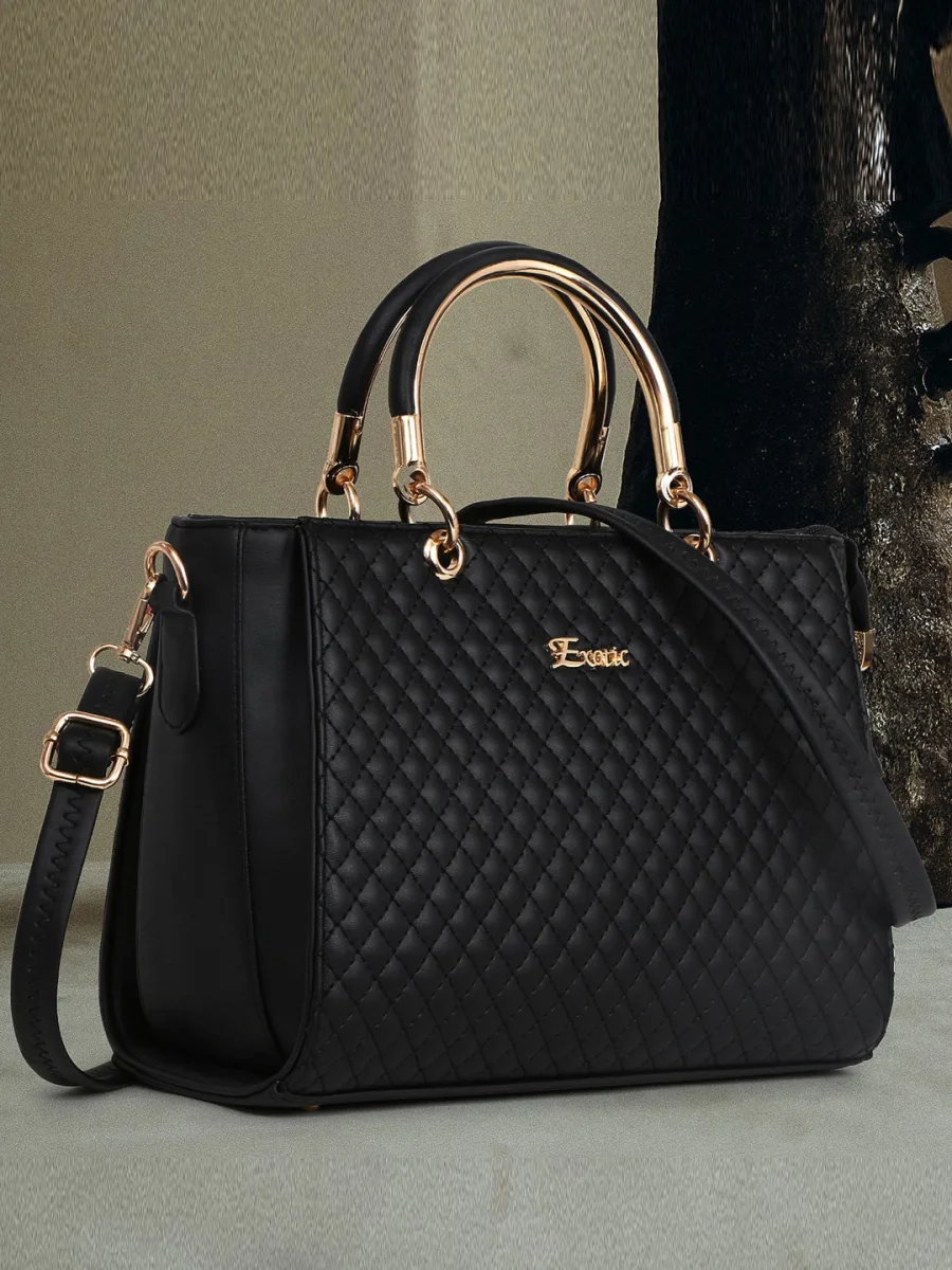 Black Quilted Structured Satchel