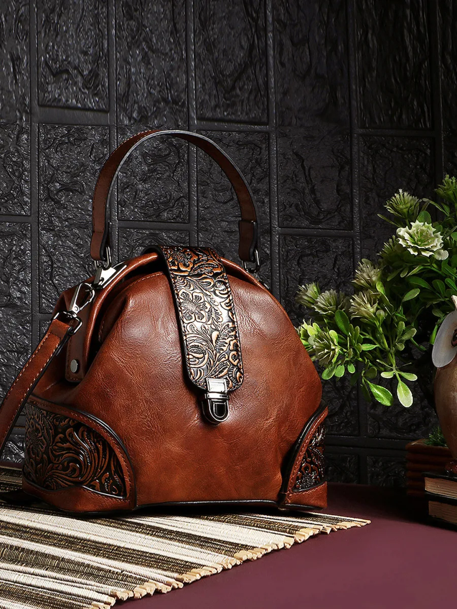 Brown Embossed Structured Handbag