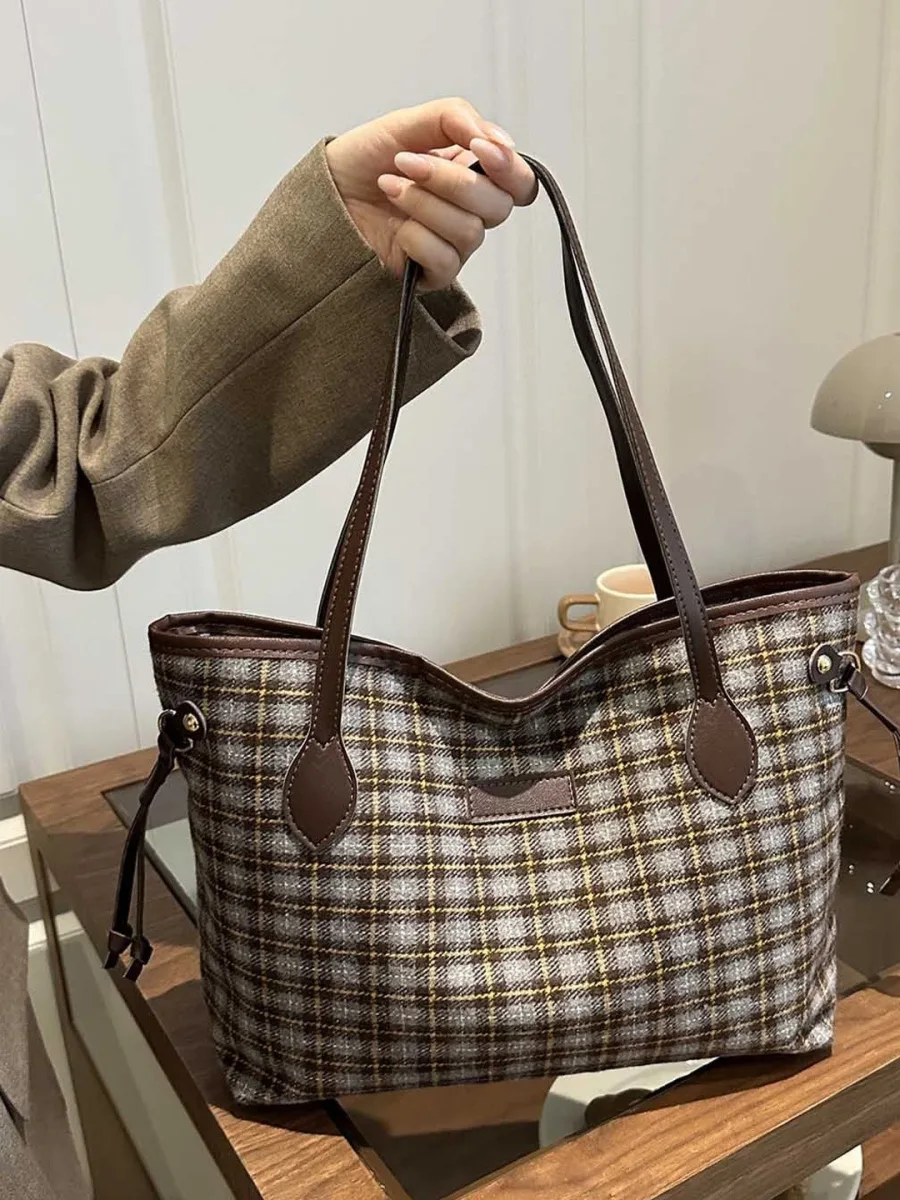 Brown Checked Tote Bag