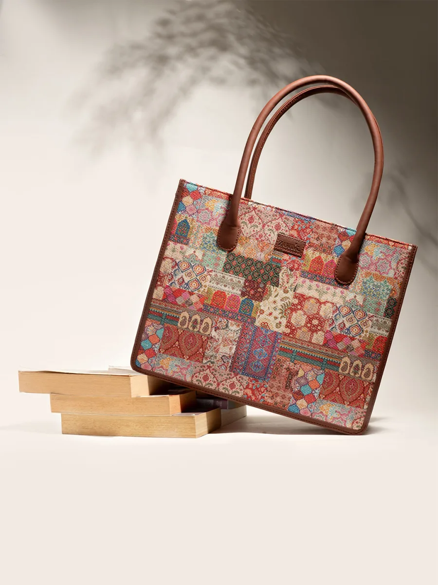 Brown Printed Structured Tote Bag