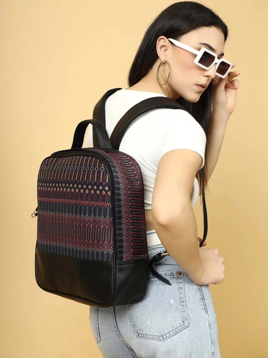 Black Woven Print Backpack