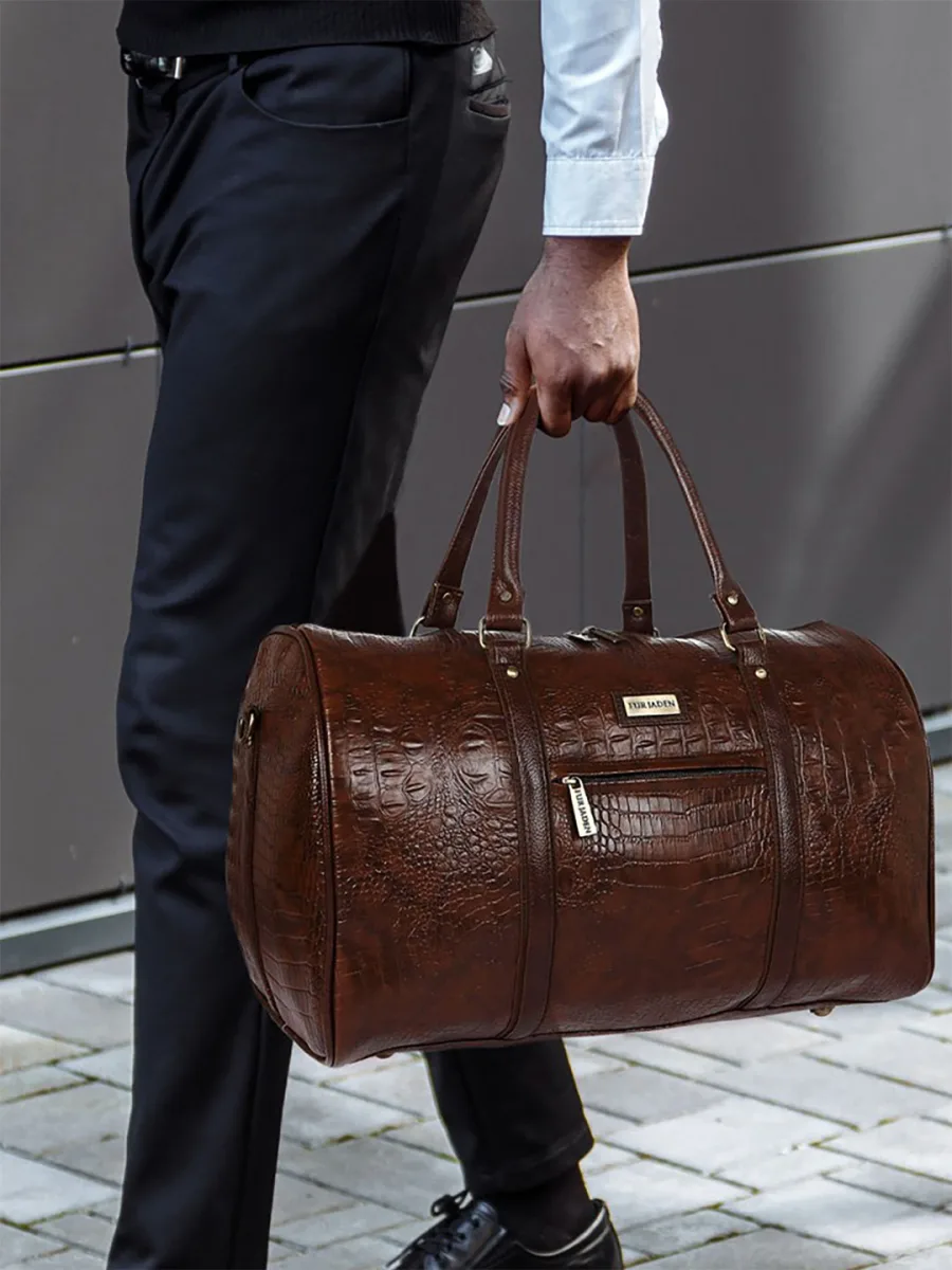 Brown Textured Leather Duffle Bag