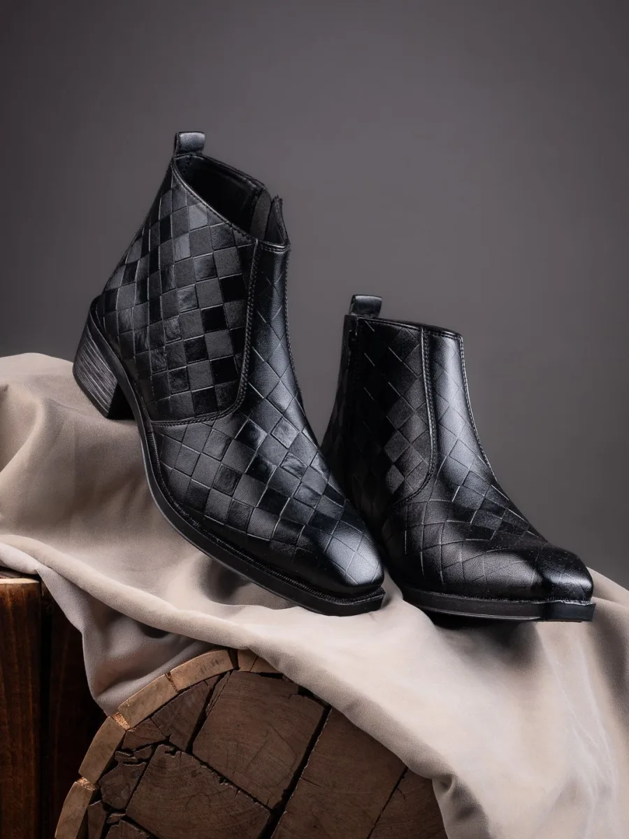 Black Woven Leather Boots