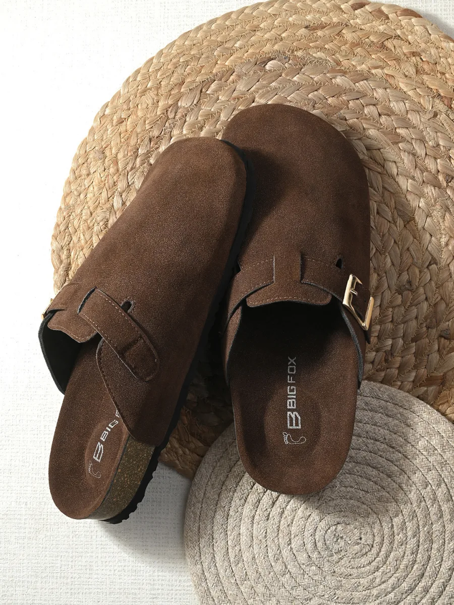 Brown Suede Buckle Slides