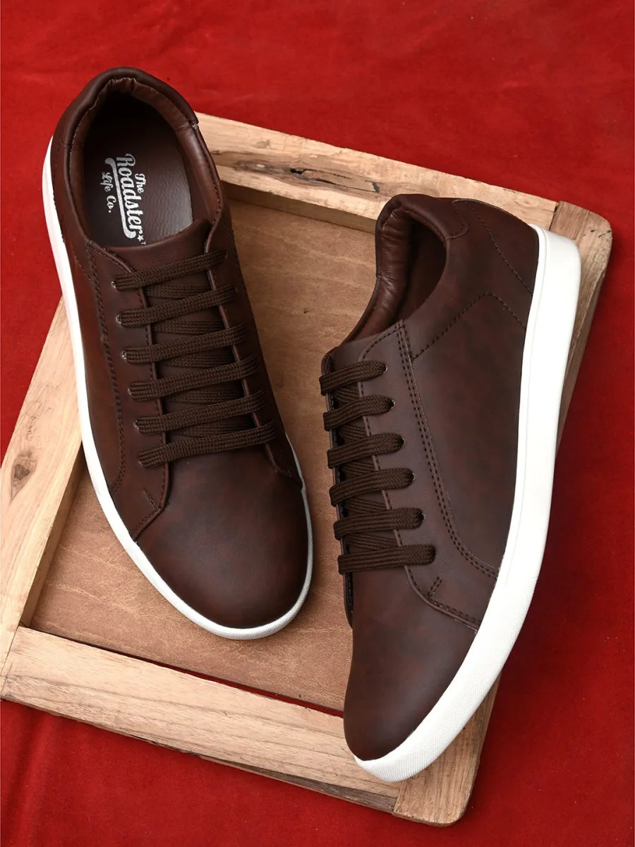 Brown Leather Lace-Up Sneakers