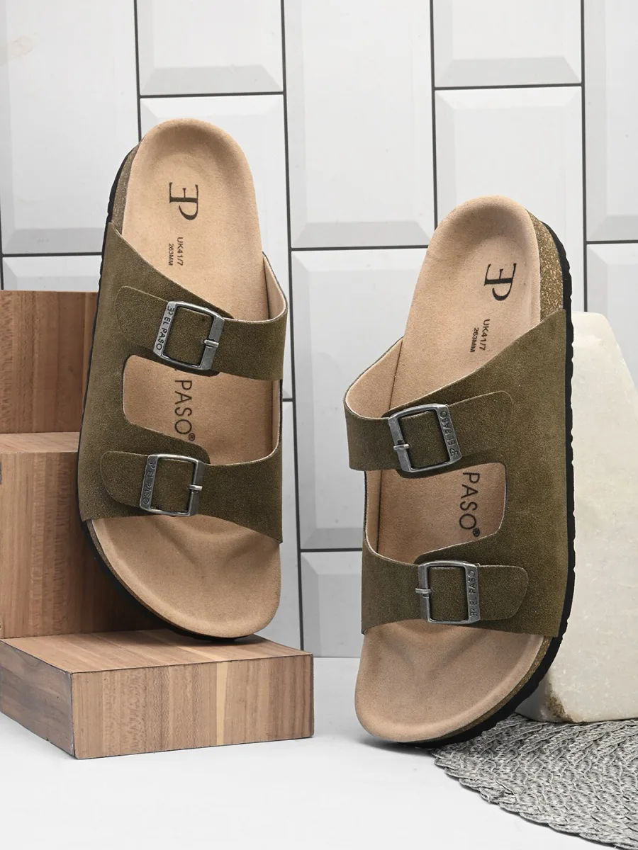 Olive Suede Buckle Slides