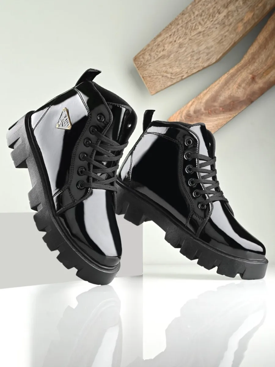 Black Patent Lace-Up Boots