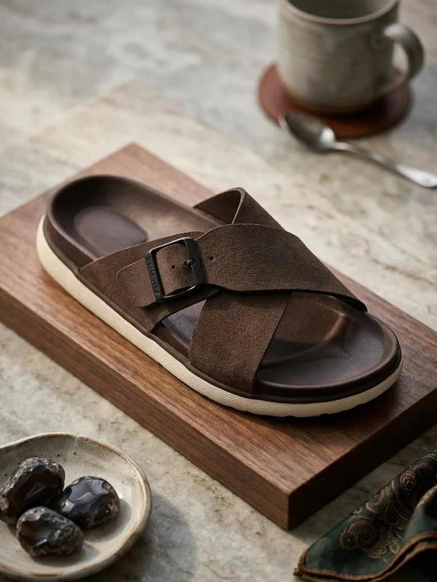 Brown Suede Cross-Strap Slides