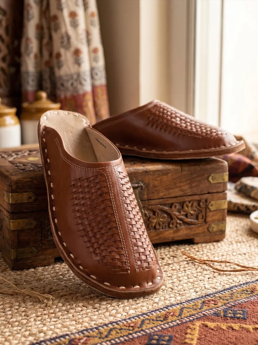 Tan Woven Leather Mules