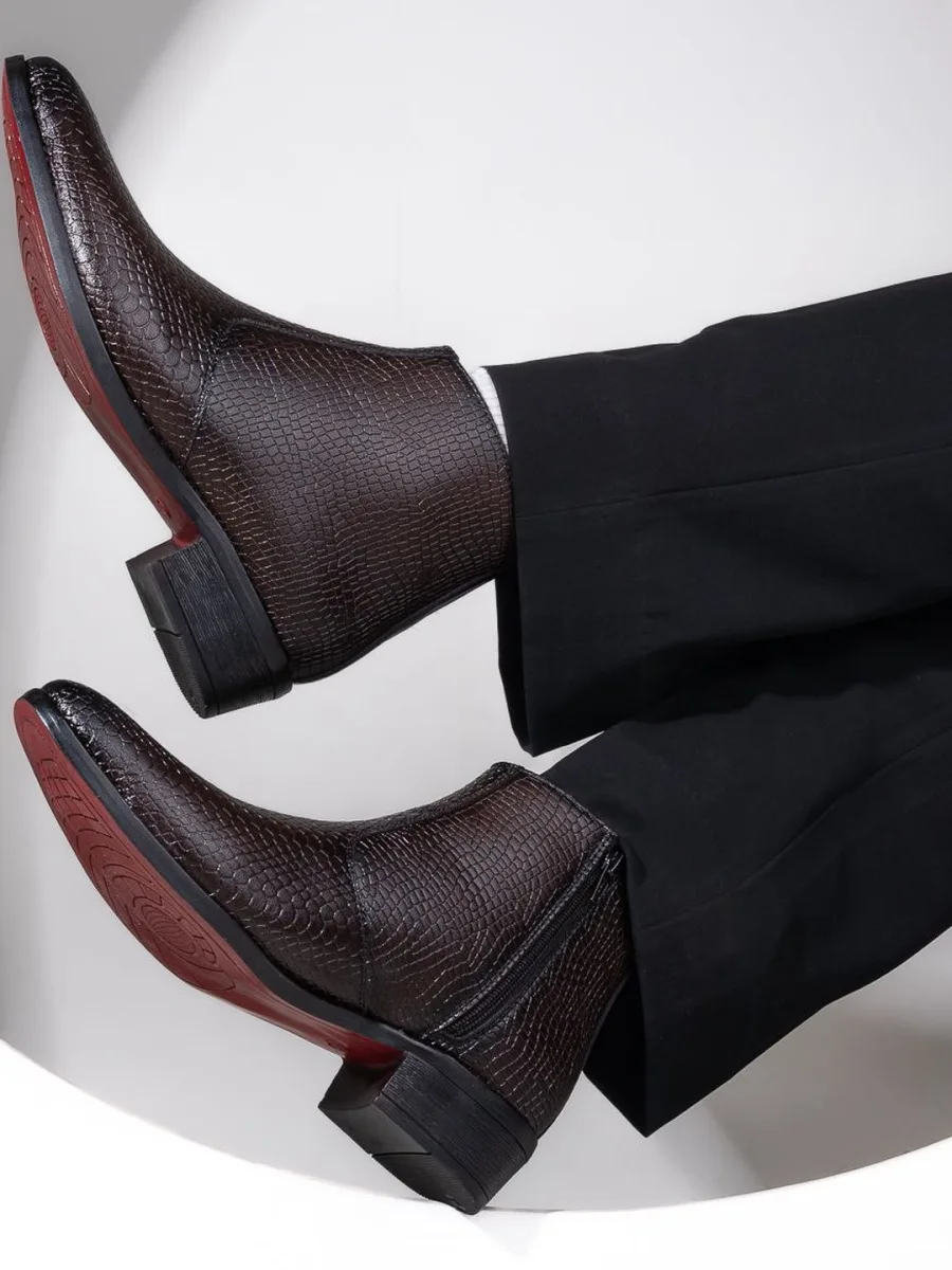 Brown Textured Leather Boots