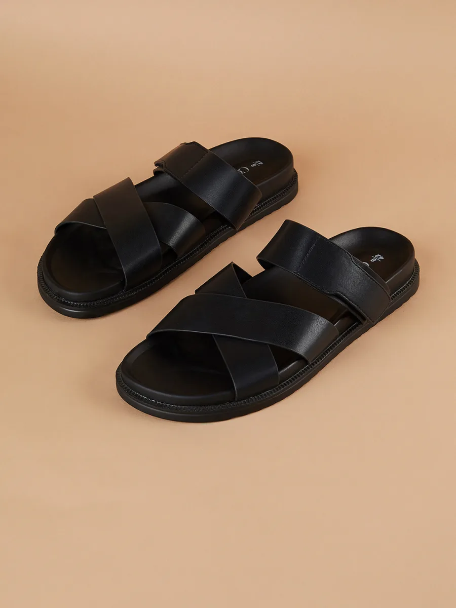 Black Cross-Strap Sliders