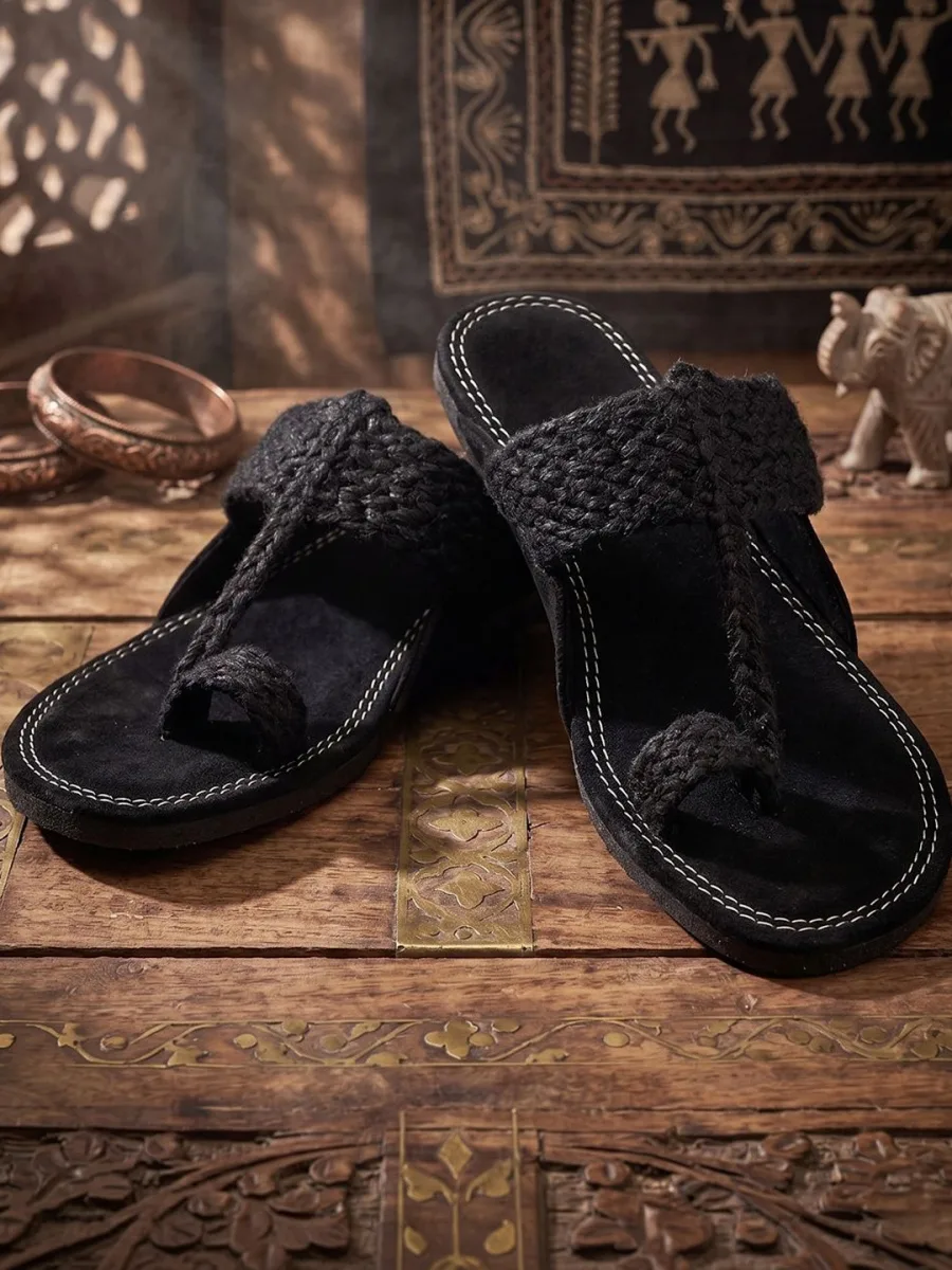 Black Woven Kolhapuri Sandals