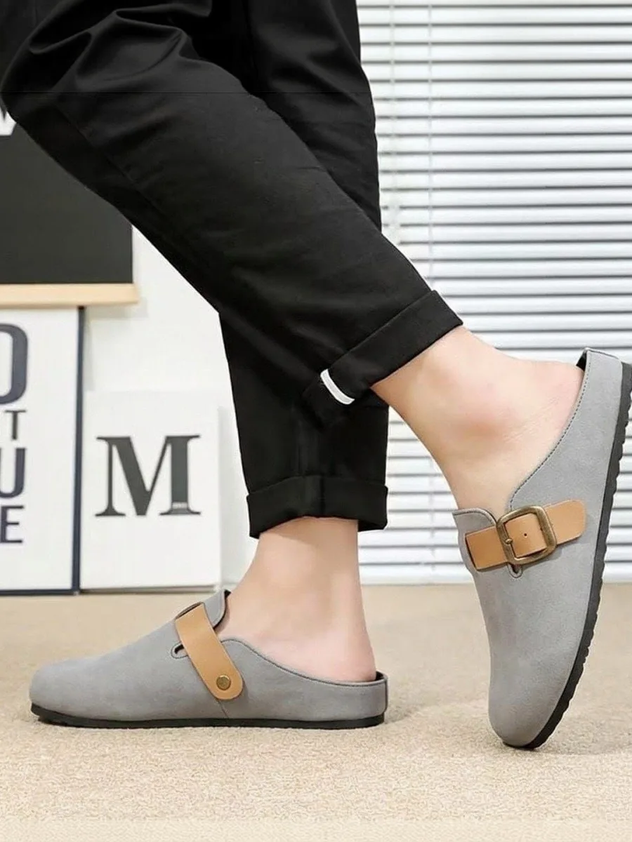 Grey Suede Buckled Slides