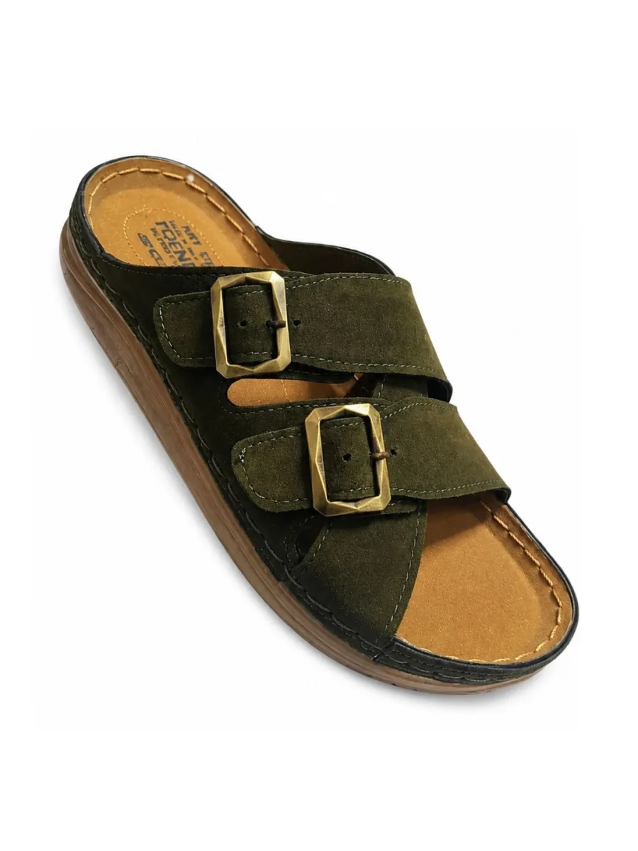 Olive Suede Buckle Slides