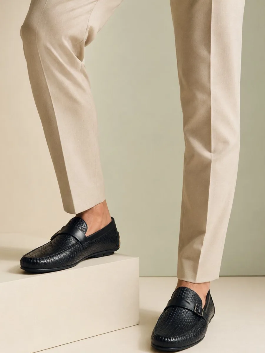 Black Textured Leather Loafers