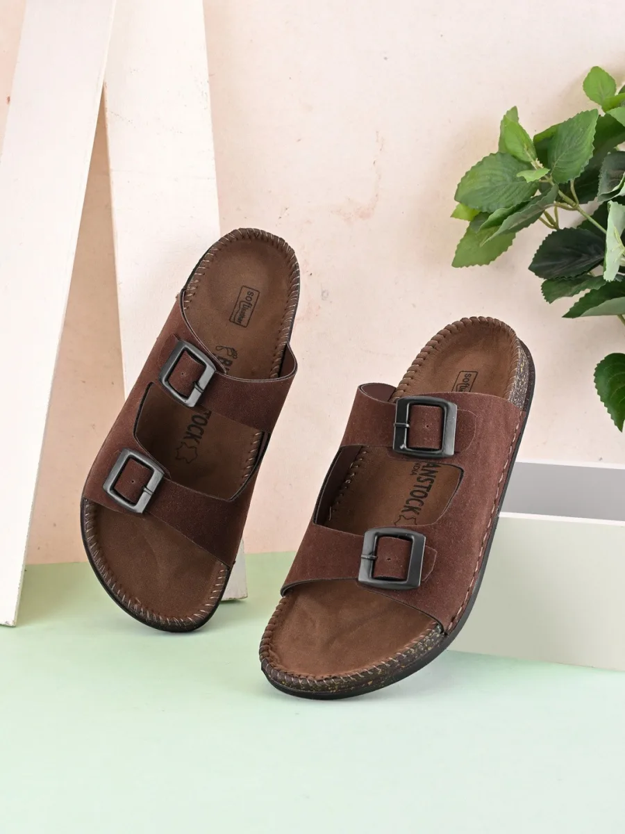 Brown Suede Buckle Slides