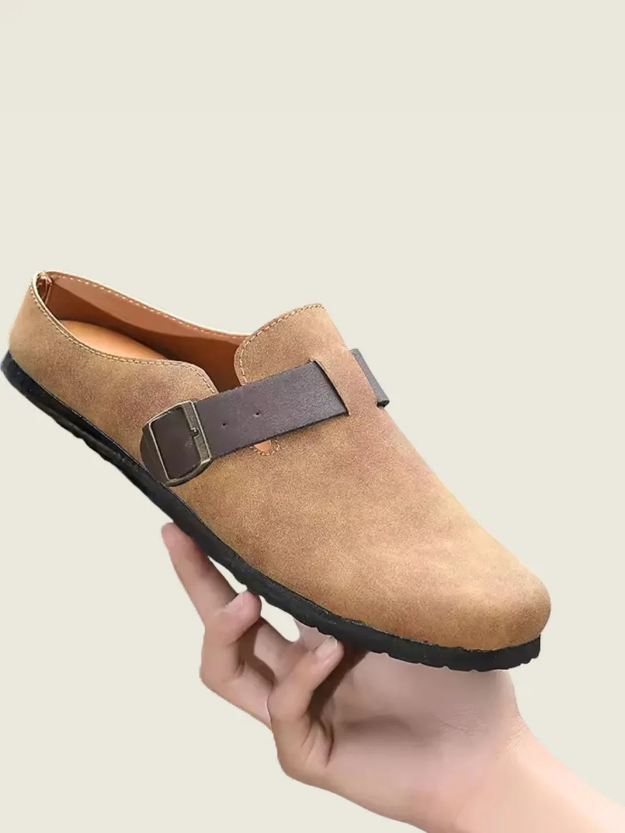 Tan Suede Buckle Mules