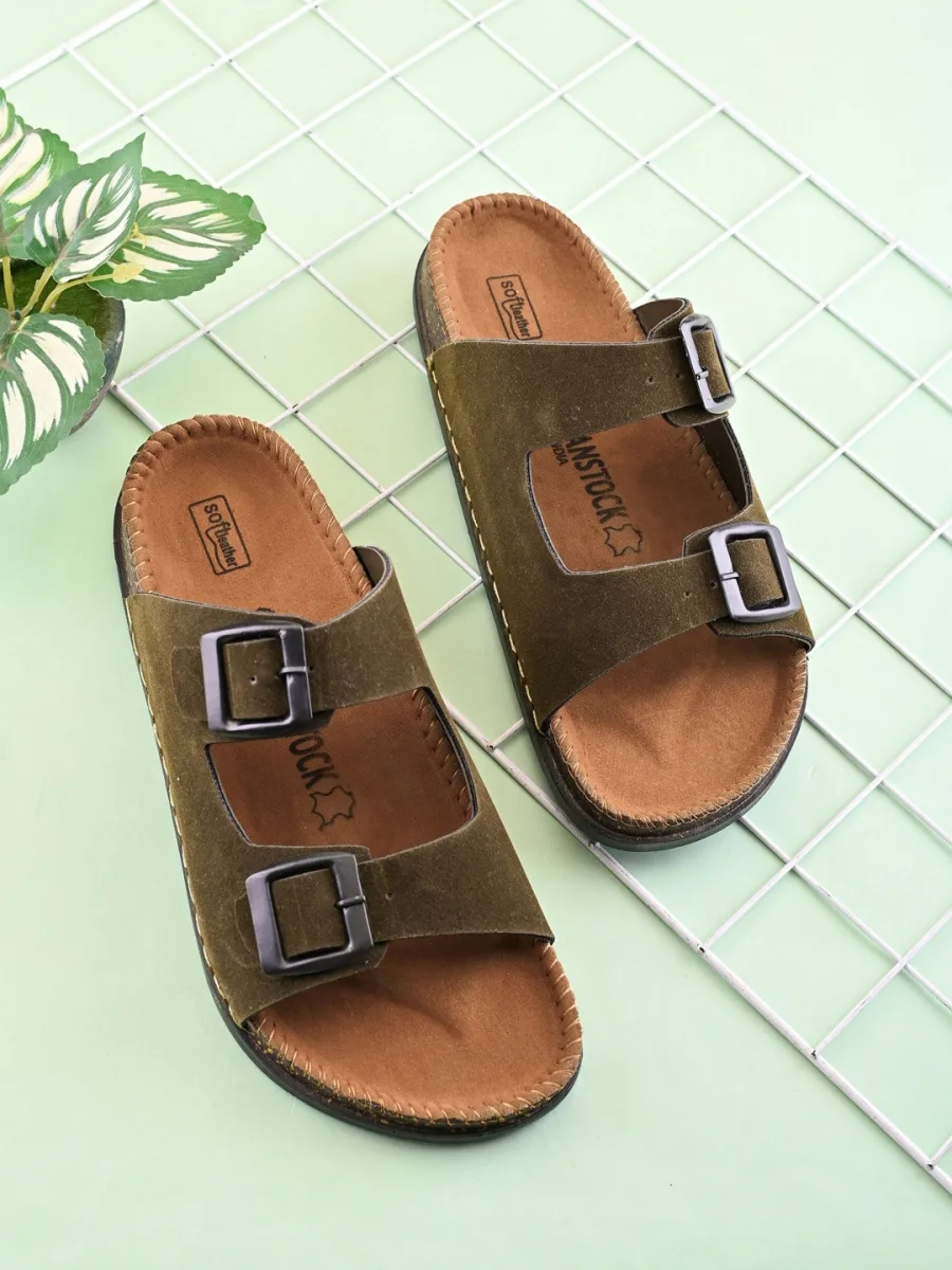 Olive Suede Buckle Slides