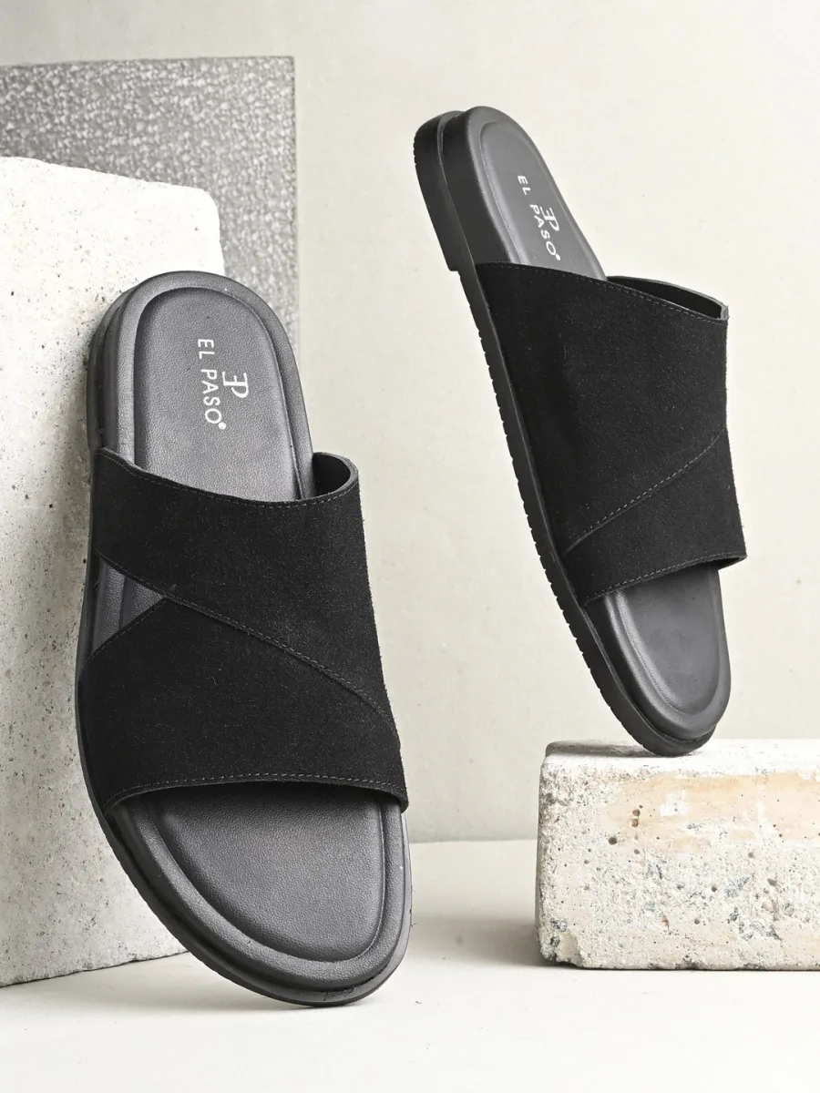 Black Suede Cross-Strap Slides