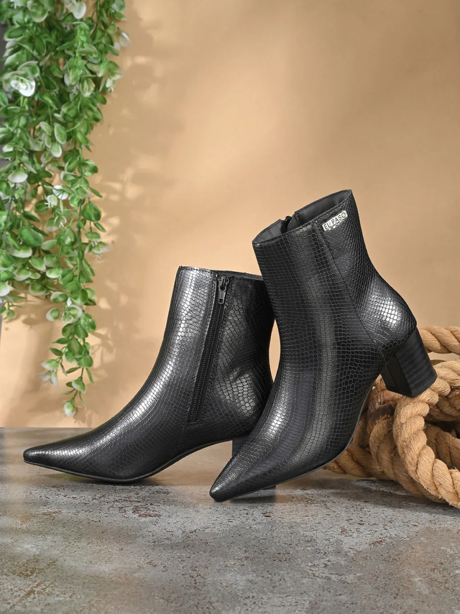 Black Croc-Textured Ankle Boots