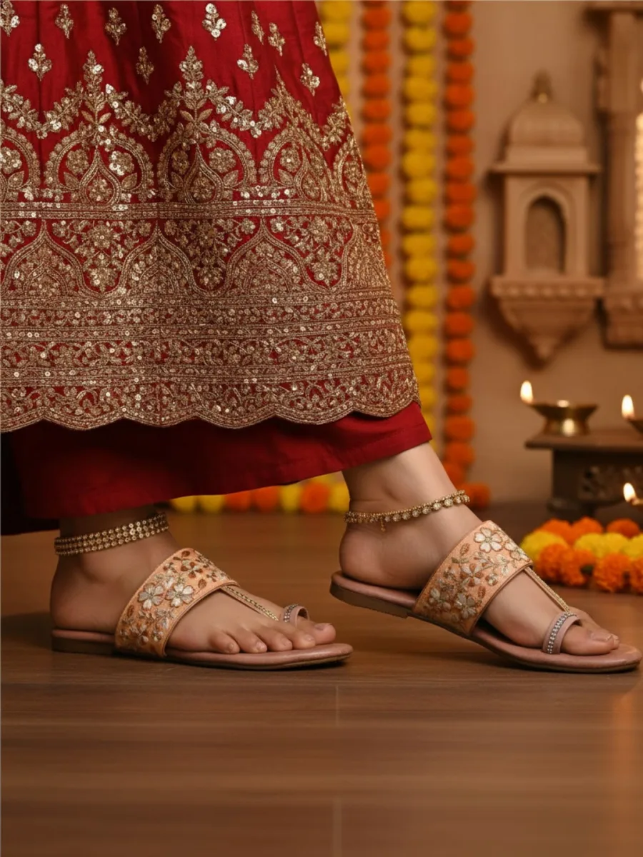 Peach Embellished Kolhapuris