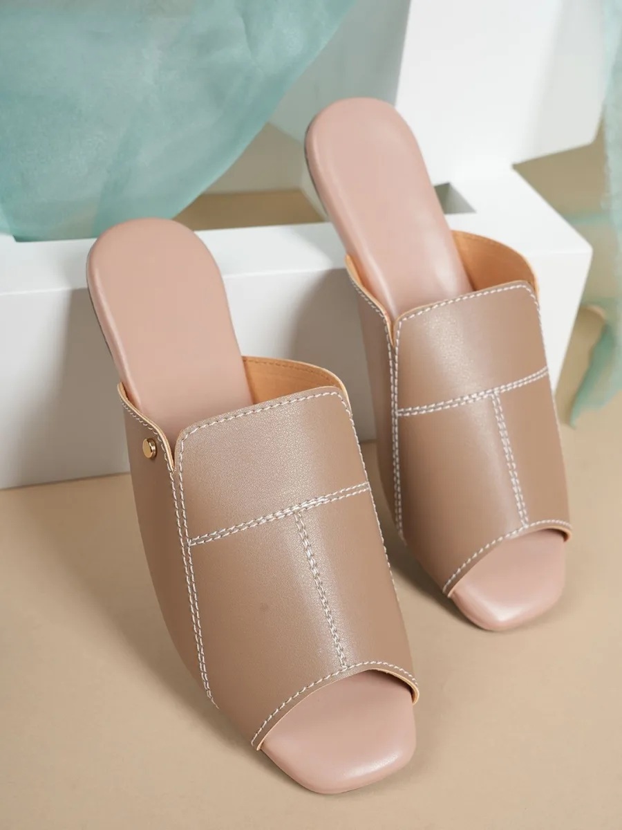 Nude Peep-Toe Block Mules