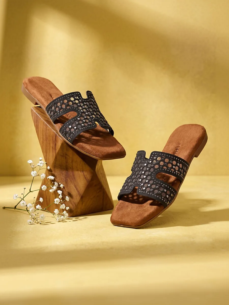 Black Embellished Flat Sandals