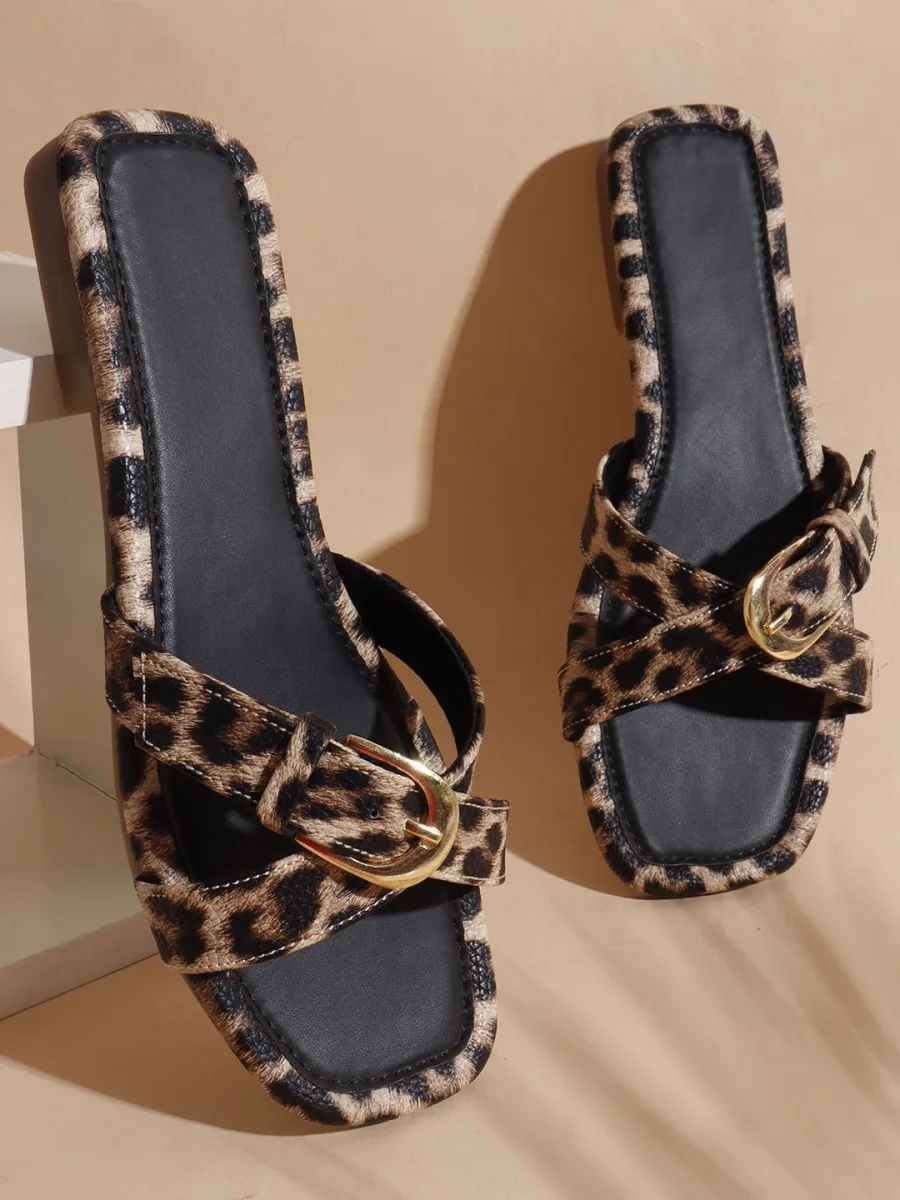 Leopard Print Buckle Slides