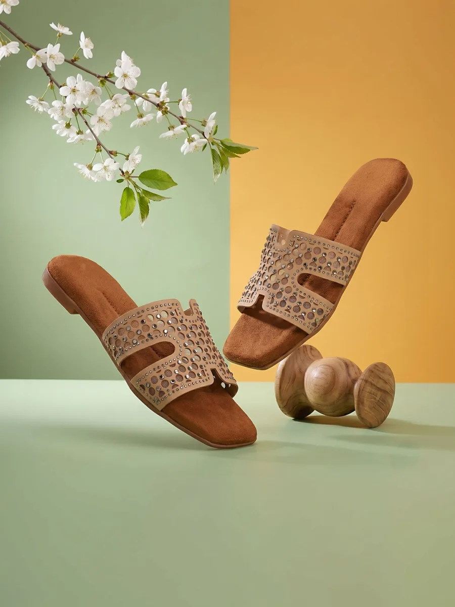 Beige Embellished Slides