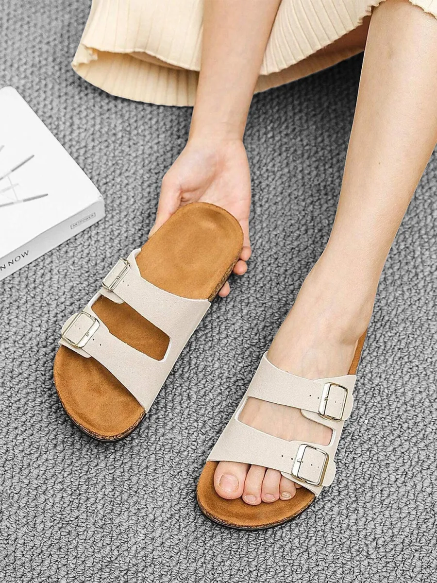 Beige Buckle Slides