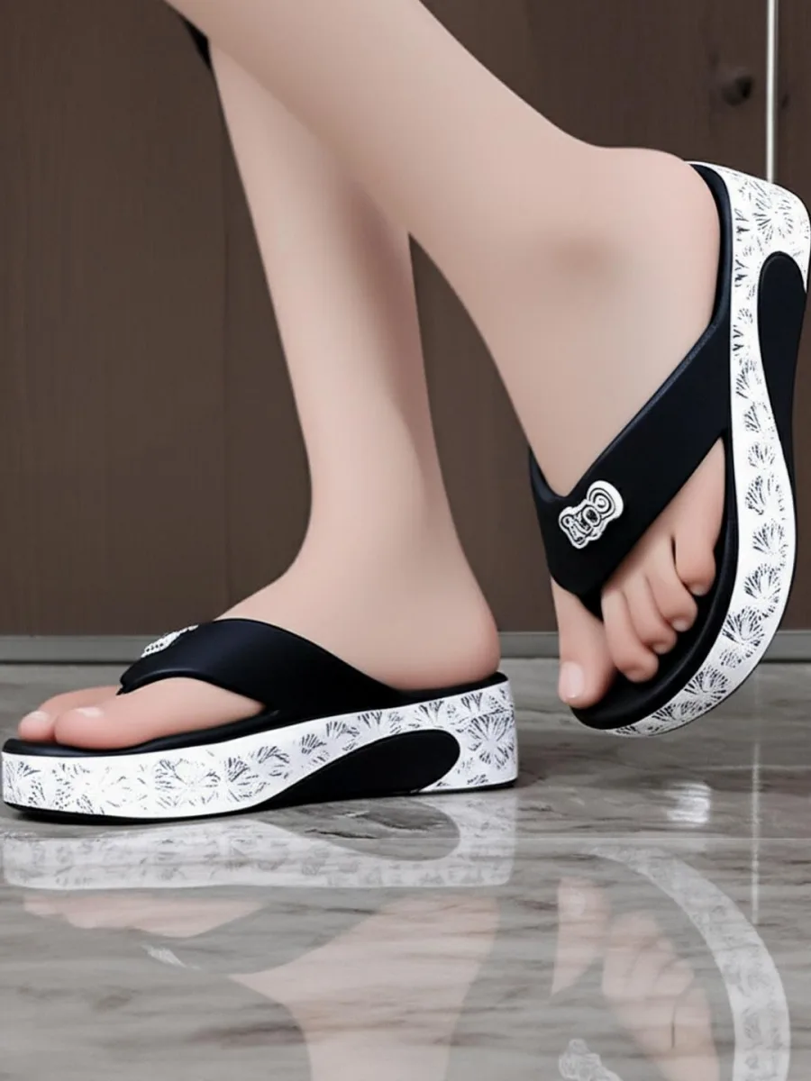 Black Printed Wedge Flip-Flops