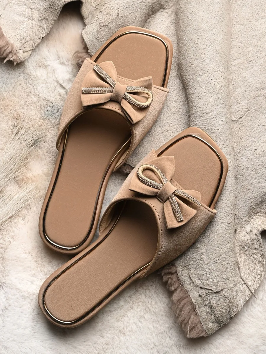 Nude Embellished Bow Slides
