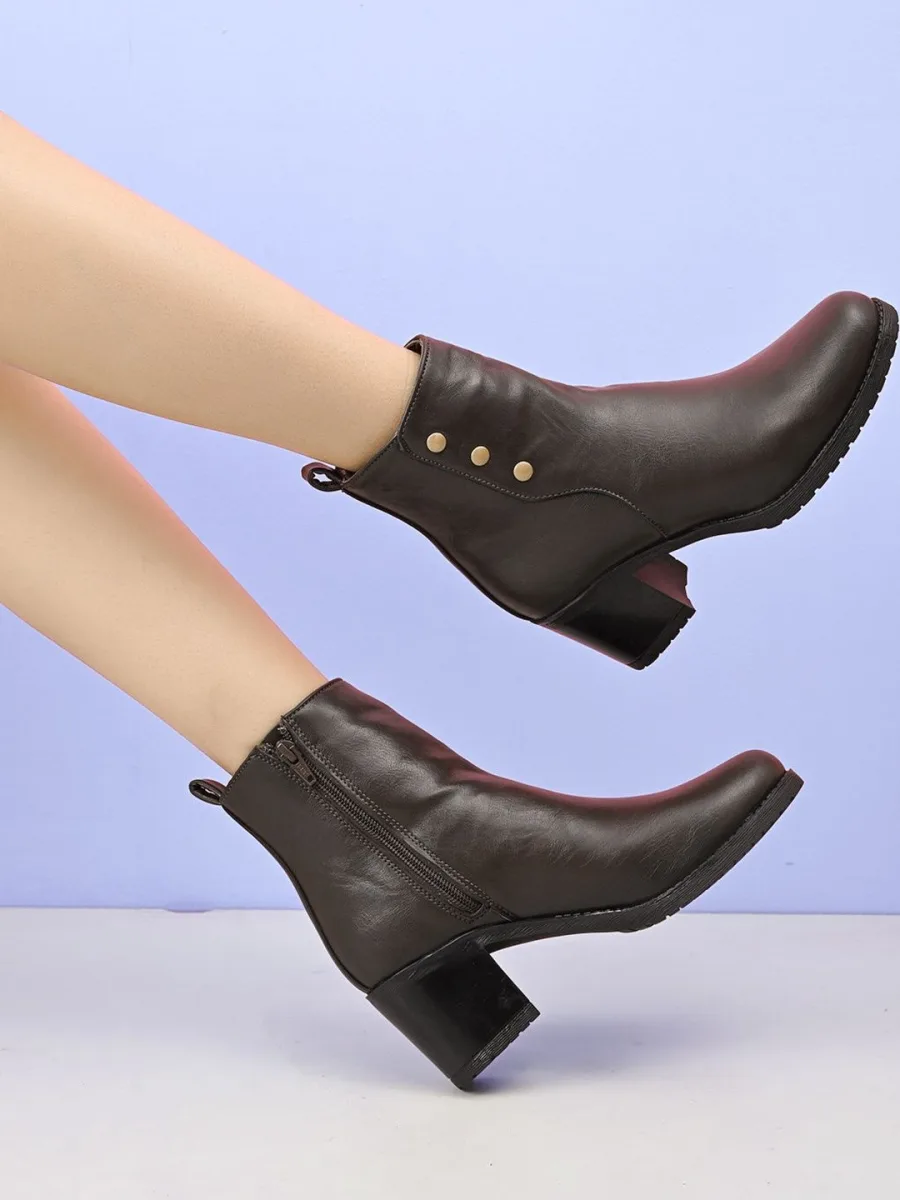 Brown Block Heel Ankle Boots