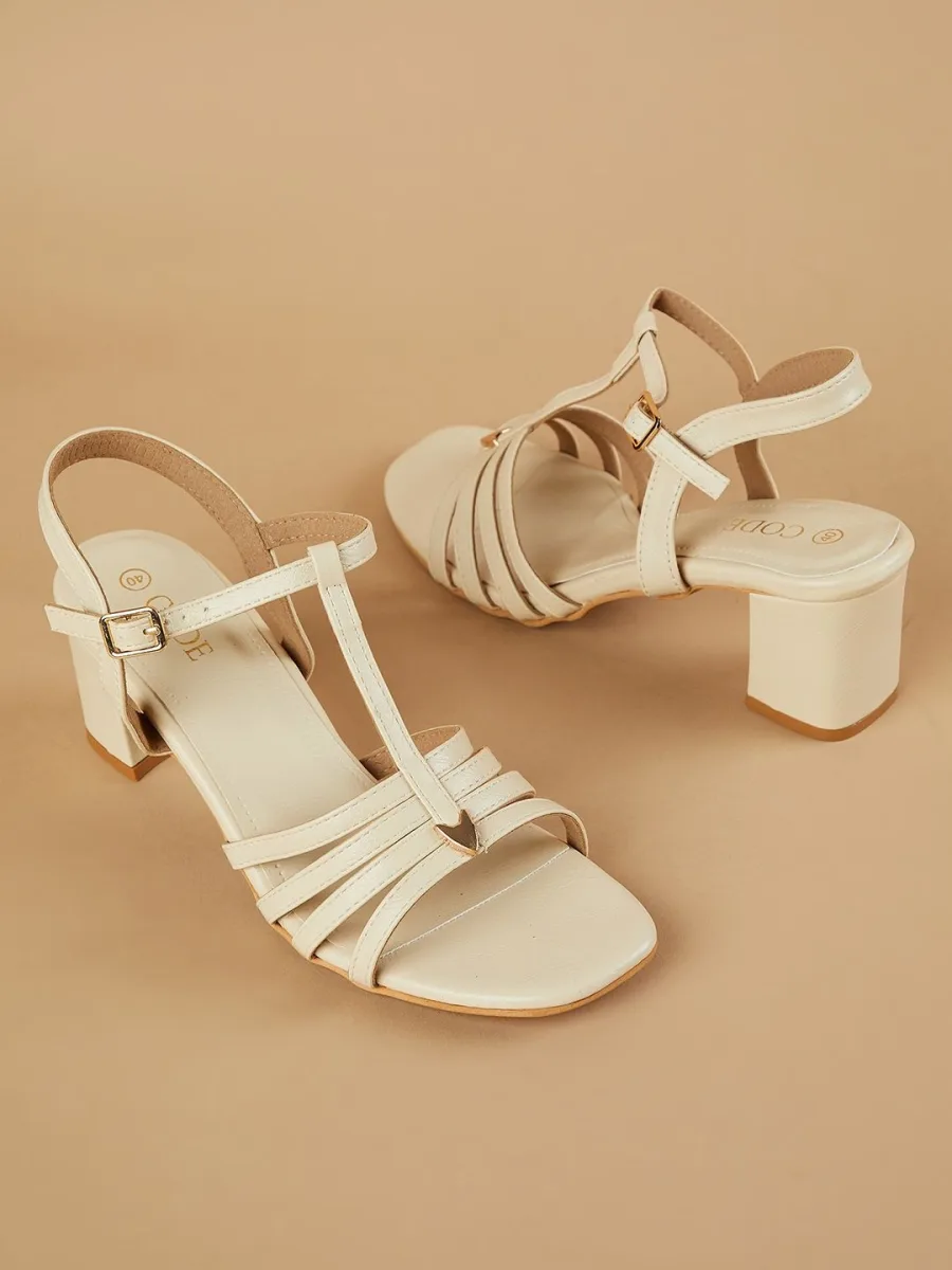Cream T-Strap Block Heels