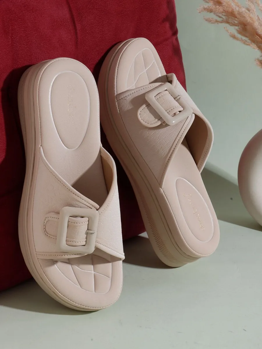 Nude Buckle Platform Slides