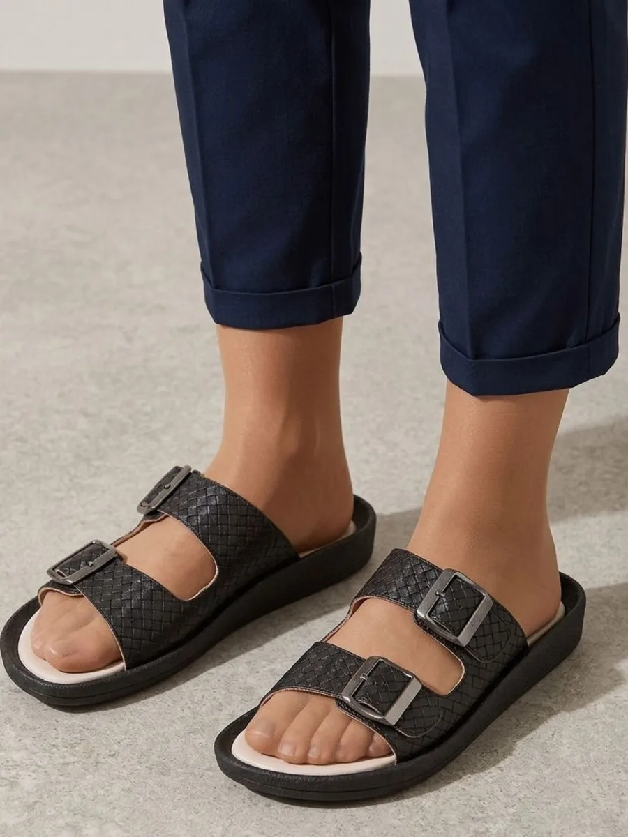 Black Buckled Slides