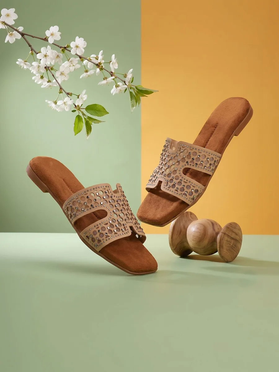 Beige Embellished Flat Sandals