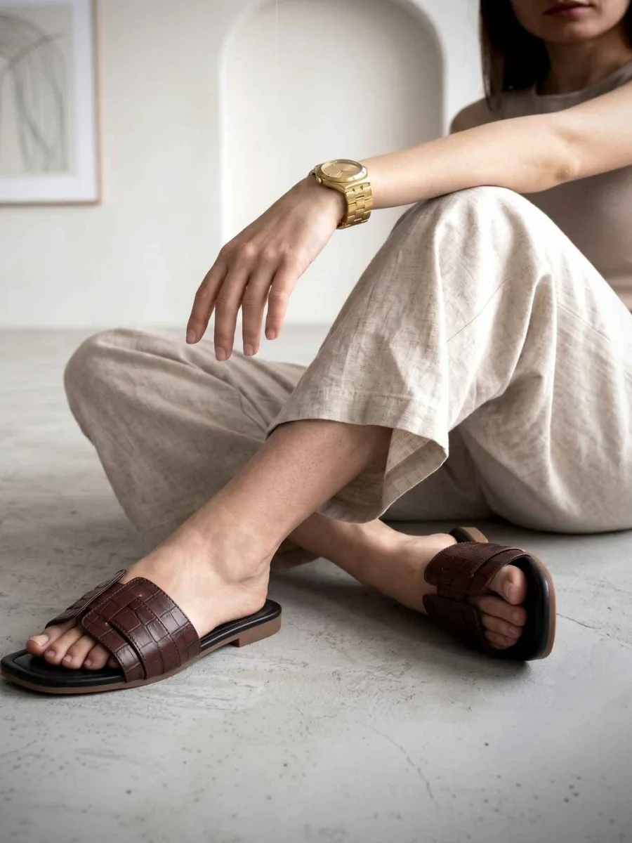 Brown Croc Flat Slides