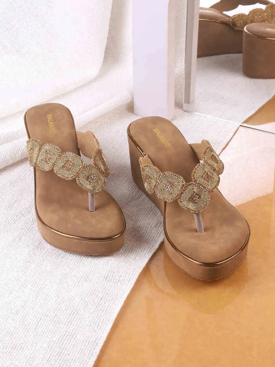 Beige Embellished Thong Wedges