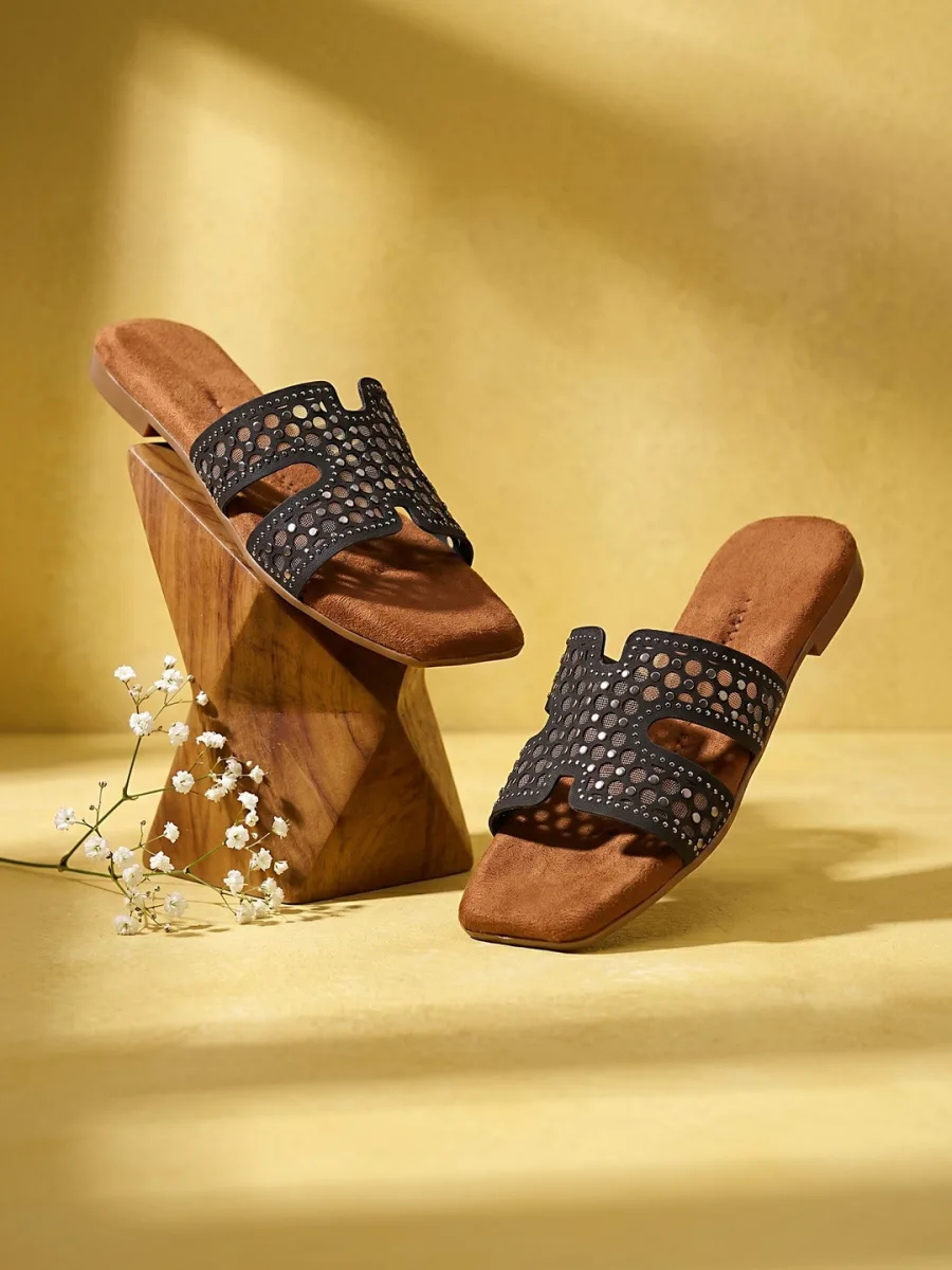 Black Studded H-Strap Flats