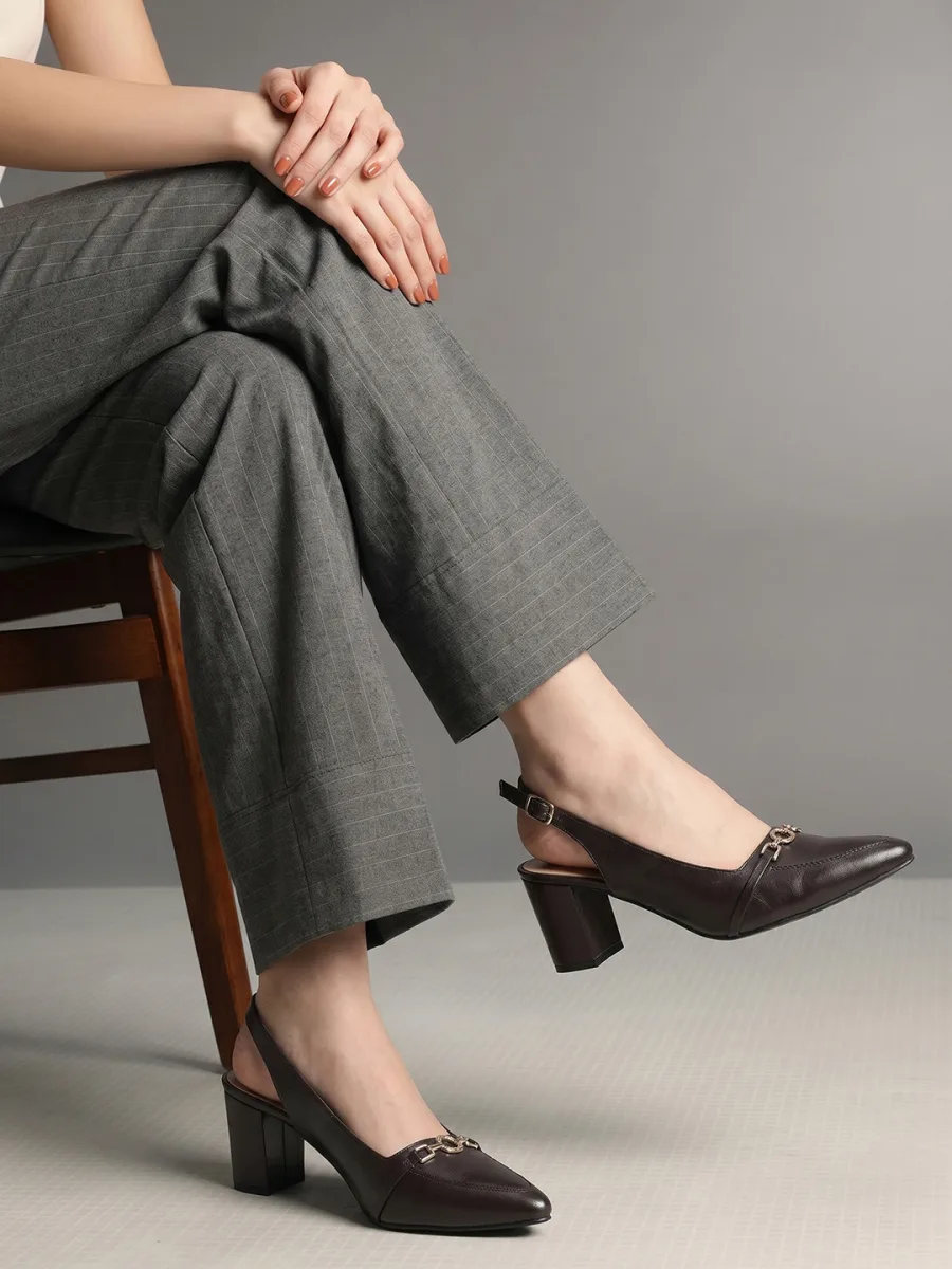 Brown Pointed-Toe Slingback Heels