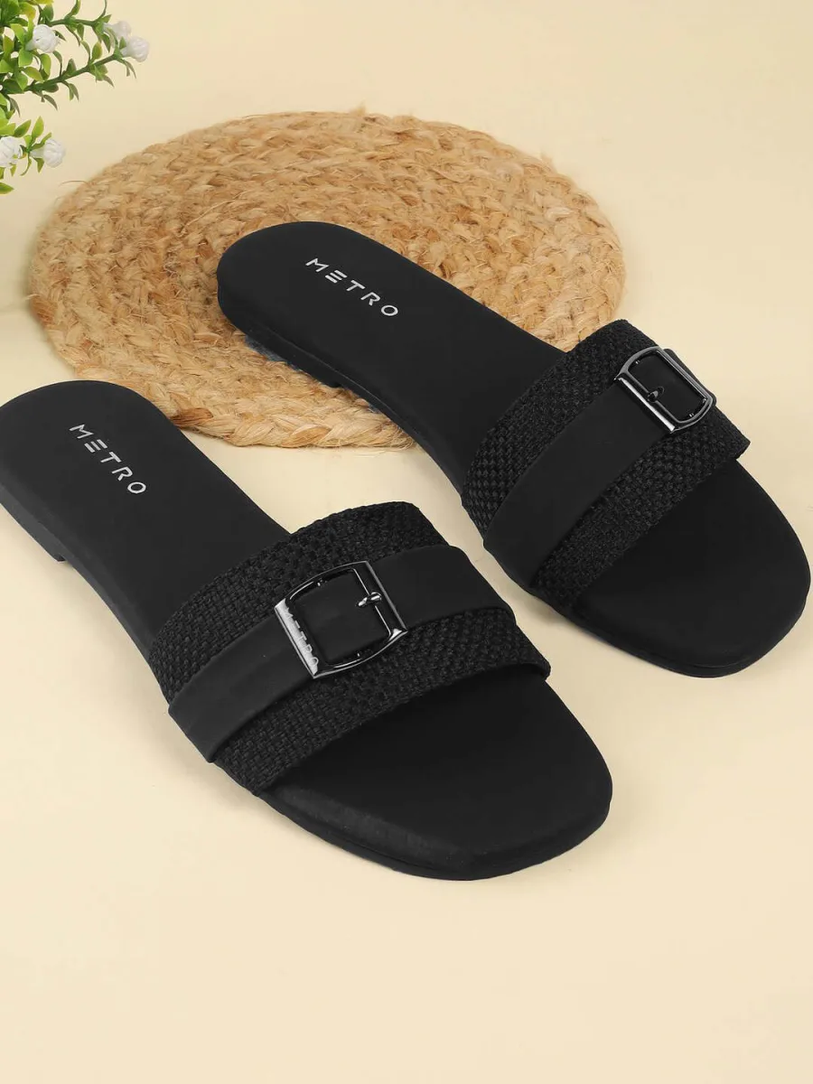 Black Woven Buckle Slides