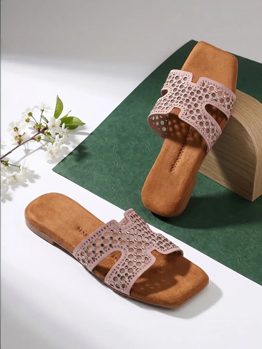 Pink Embellished Flat Slides