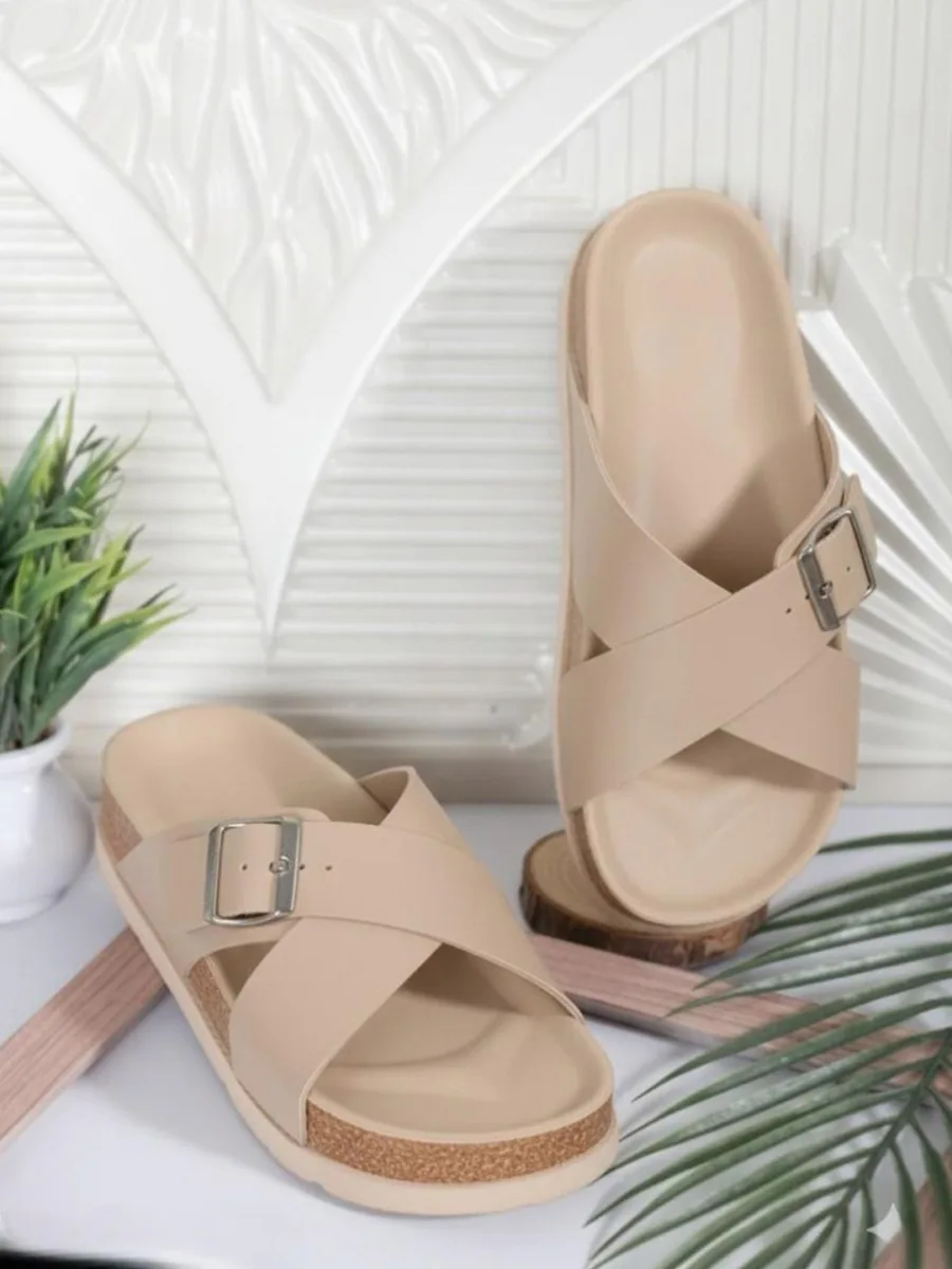 Beige Cross-Strap Slides