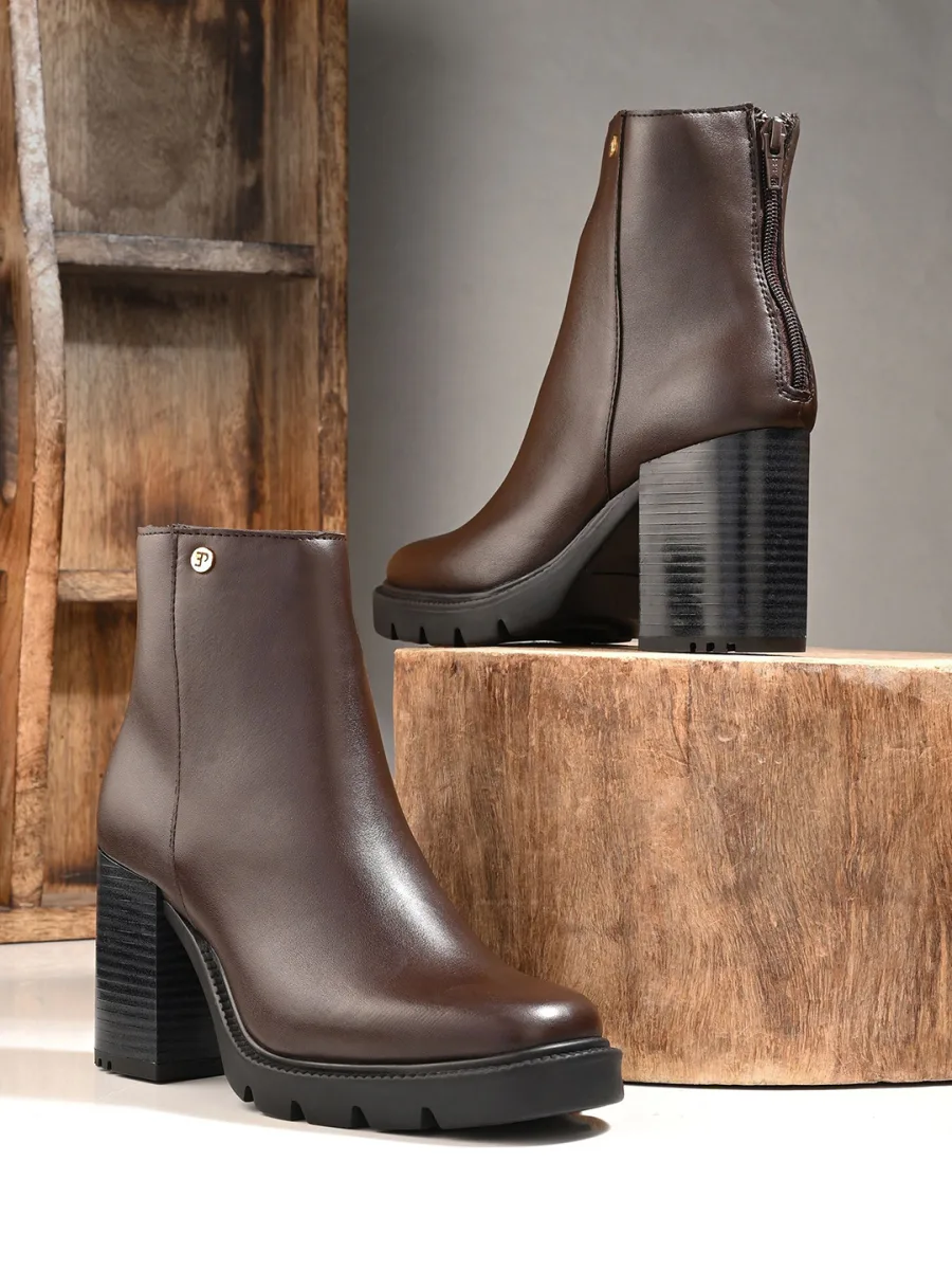 Brown Block-Heel Ankle Boots