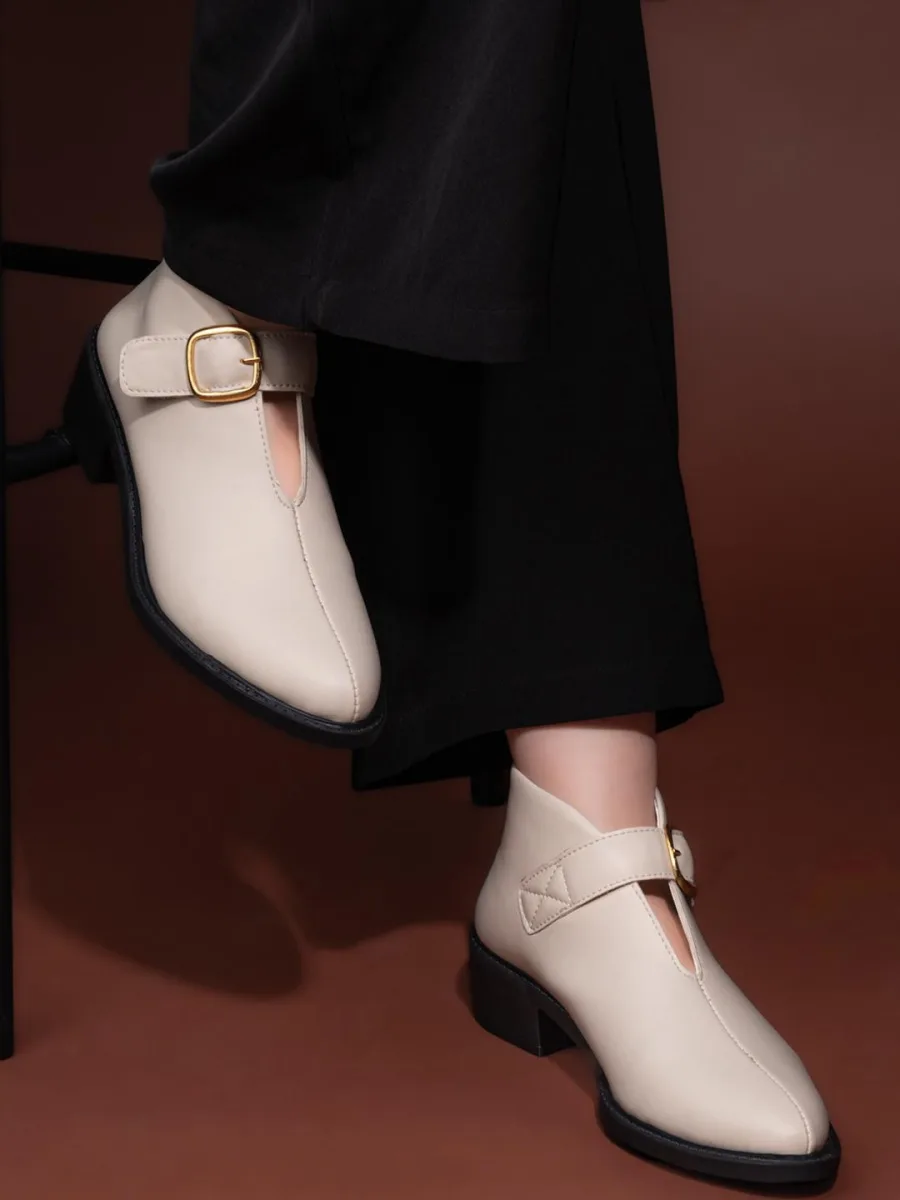 Cream Buckle Block Heels