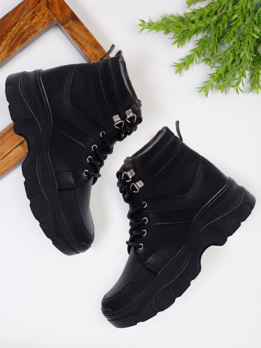 Black Lace-Up Platform Boots