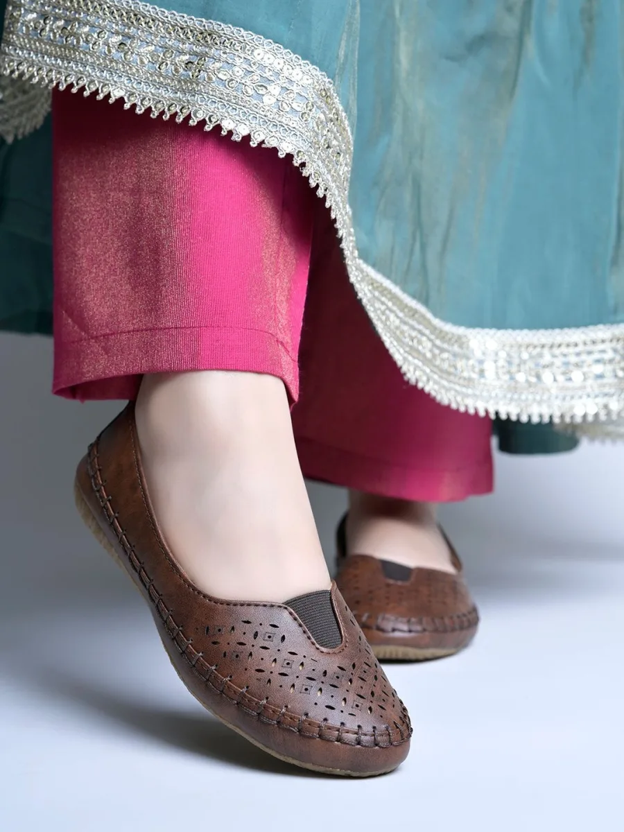 Brown Perforated Slip-On Flats