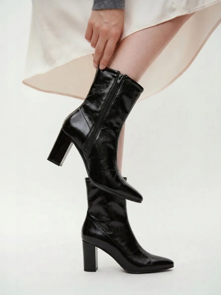 Black Patent Block Heel Boots