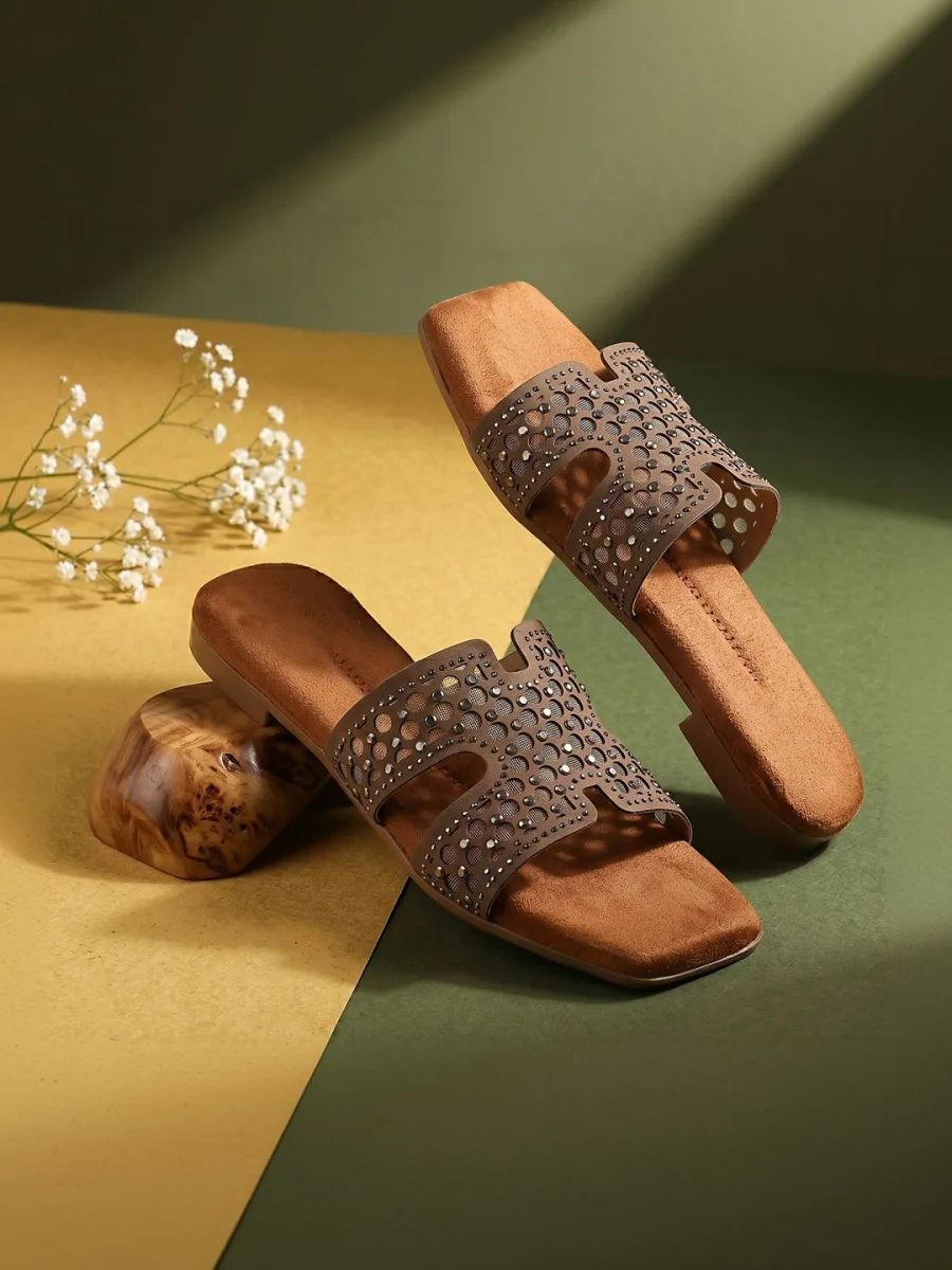 Taupe Embellished Slides